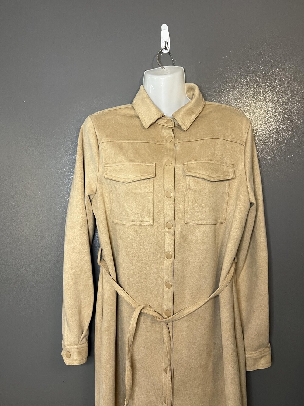 Truth by Republic Dress Womens Medium Tan Faux Leather Snap Front Belted Shacket